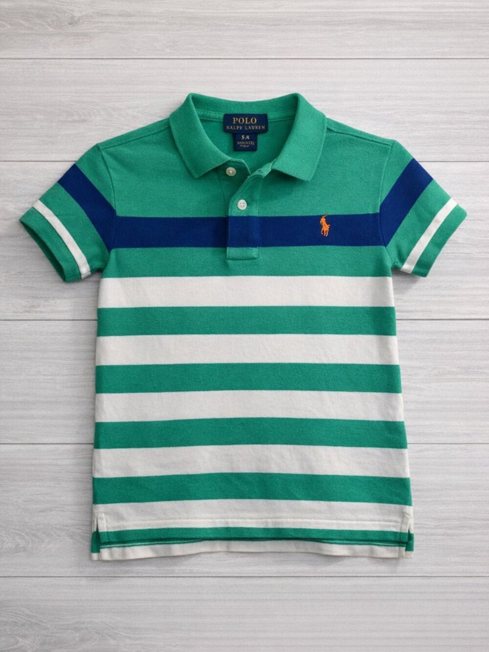Polo Ralph Lauren Boys Green Striped Polo Shirt Size 5 Excellent